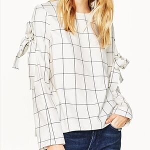 Zara Cream Checkered Blouse with Bow Sleeves